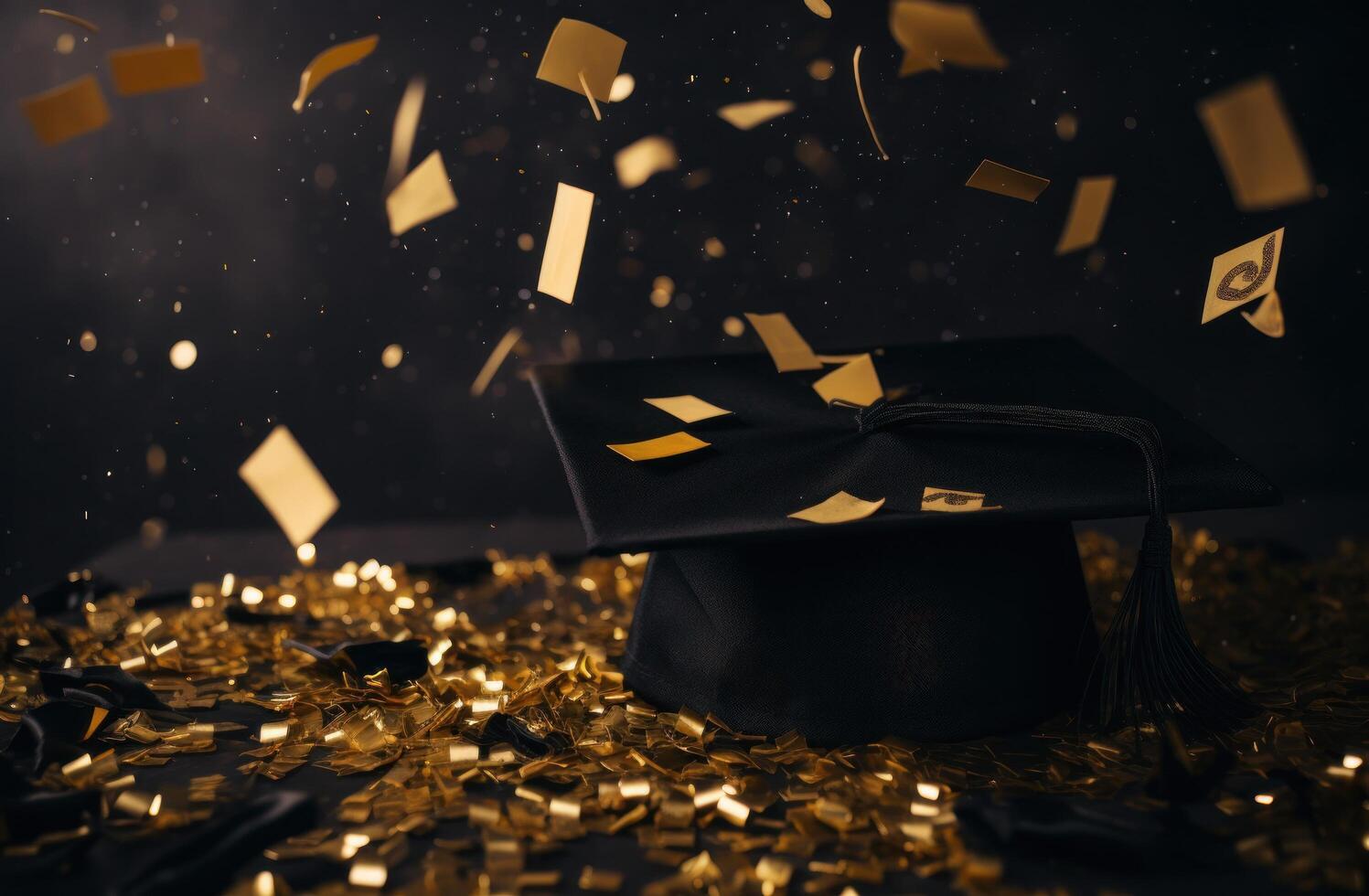 ai gerado ouro confete às a fim do graduação boné foto