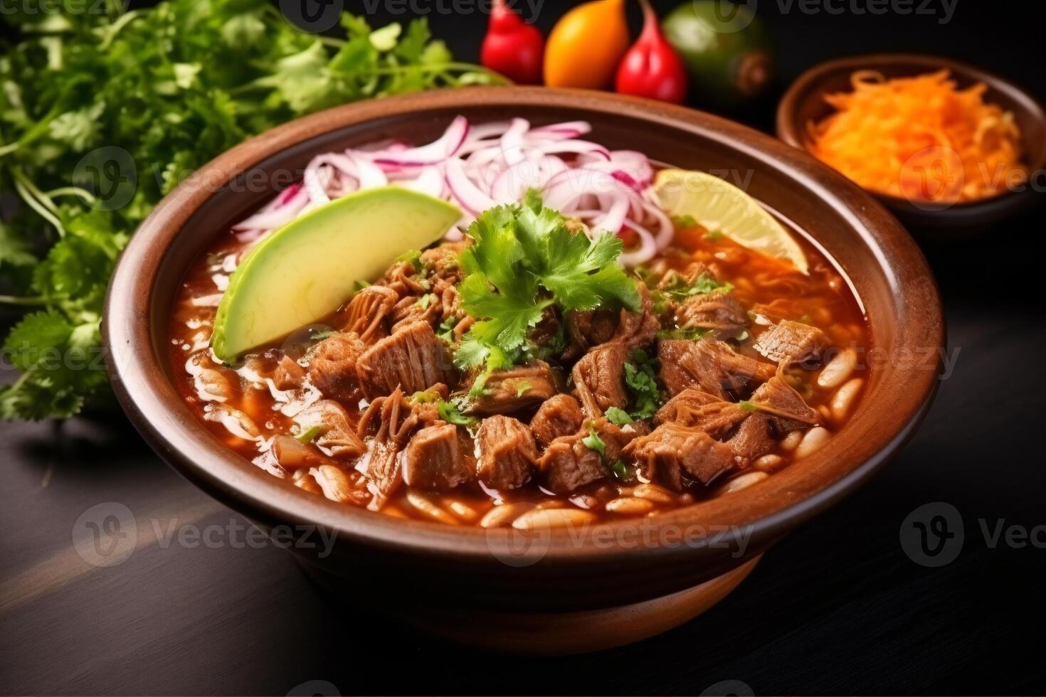 ai gerado topo Visão em apetitoso pozole tigela generativo ai foto