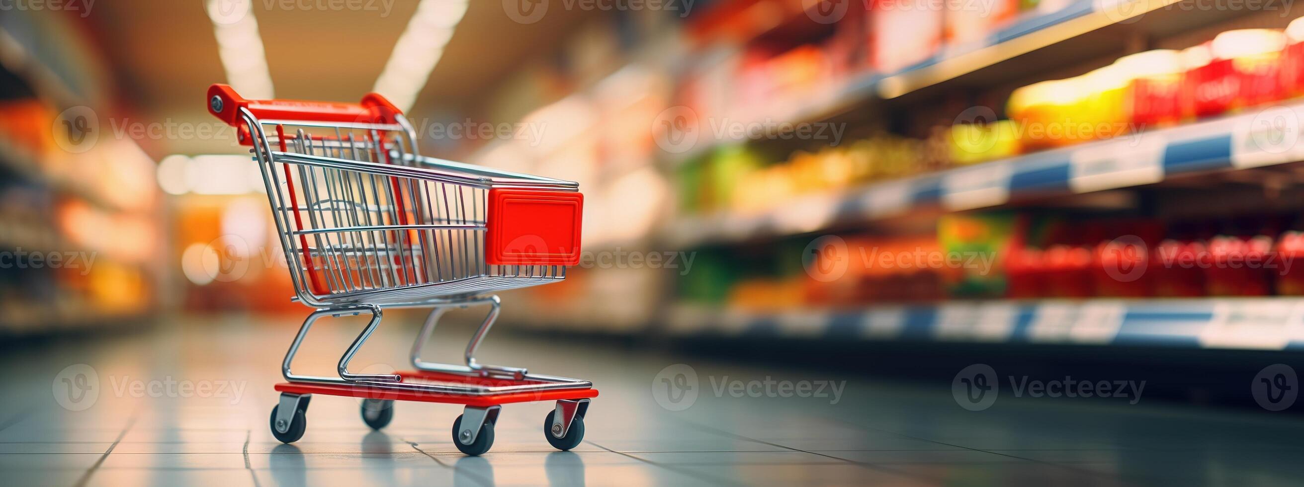 ai gerado generativo ai, vermelho compras carrinho dentro a supermercado, livre entrega, descontos e venda conceito. foto