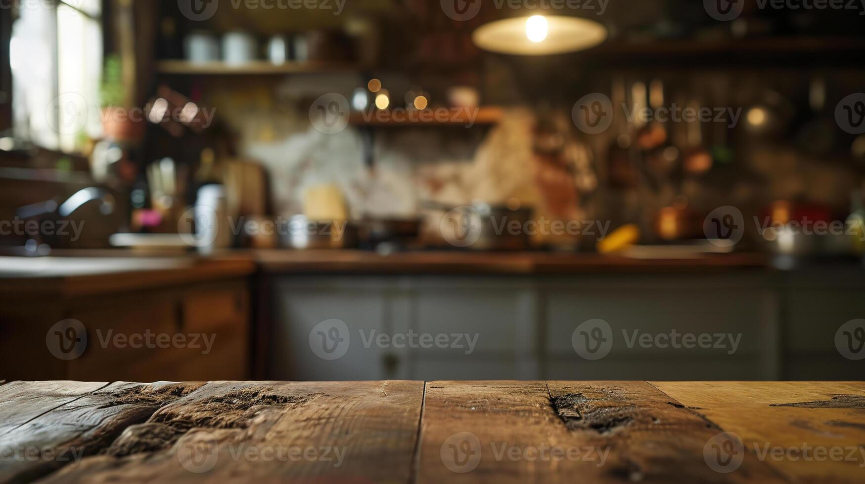 ai gerado generativo ai, esvaziar de madeira de mesa em borrado moderno cozinha fundo com cópia de espaço foto