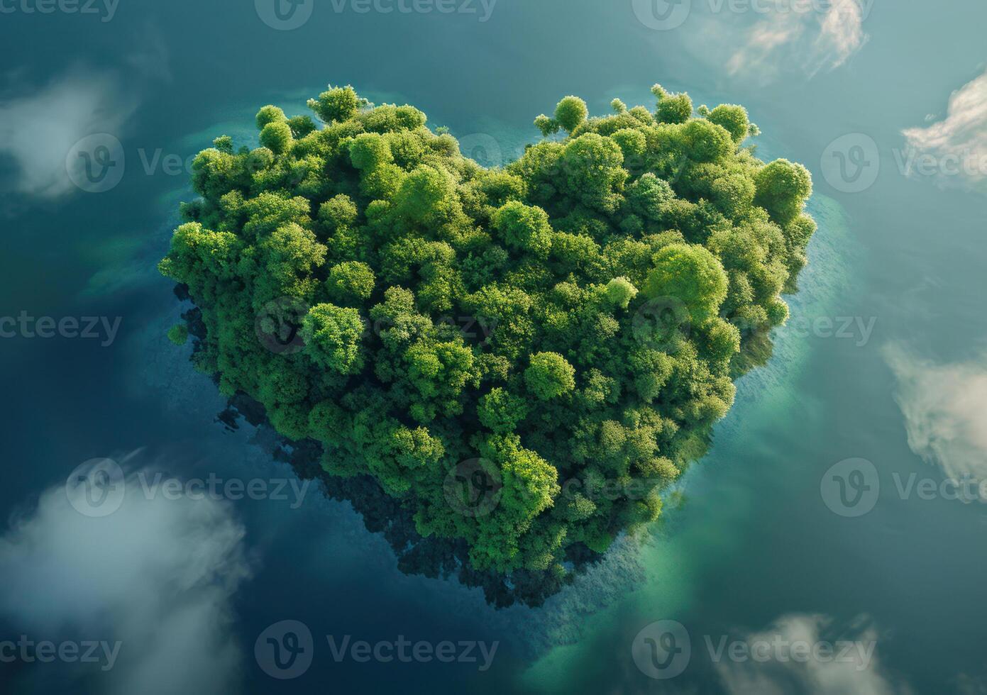 ai gerado generativo ai, verde floresta com coração forma, lindo panorama com branco nuvens, meio Ambiente amor planeta conceito foto