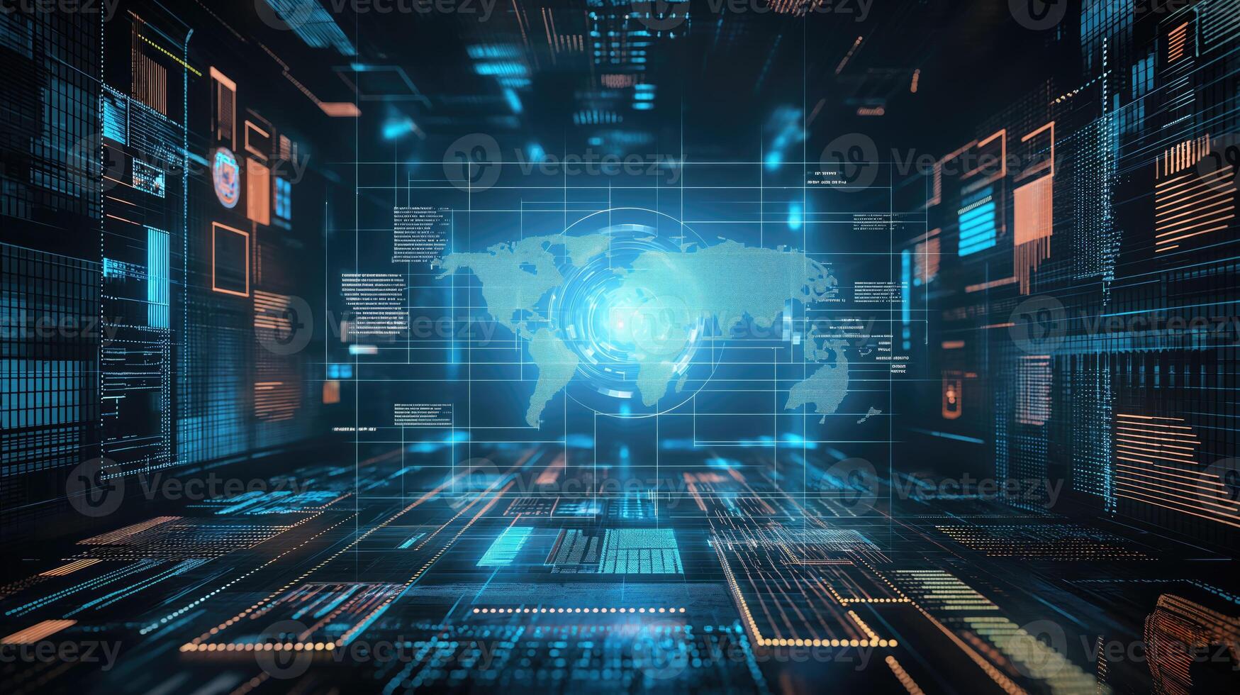 ai gerado digital exibição mostrando vários dados dentro holográfico tela e monitores com holográfico mundo mapa foto