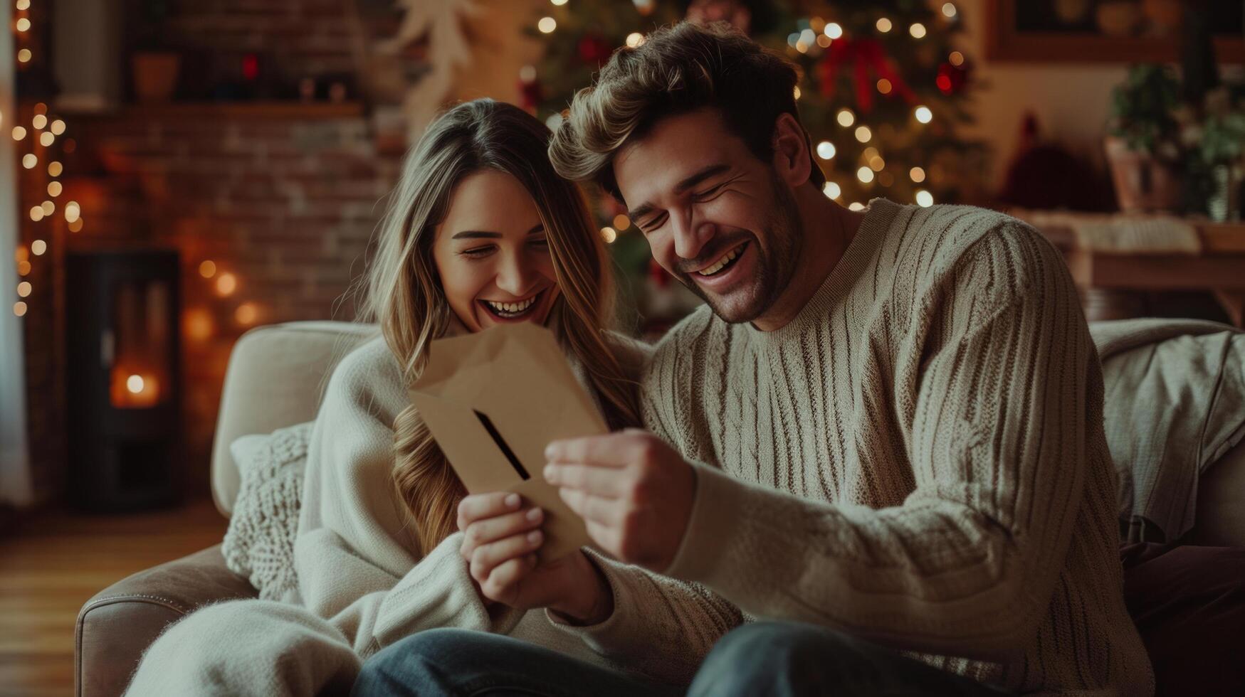 ai gerado uma bonito homem dá uma cumprimento cartão para dele Amado mulher dentro a vivo quarto do a casa foto