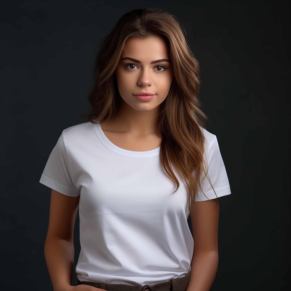 ai gerado uma lindo jovem mulher dentro uma branco camiseta foto