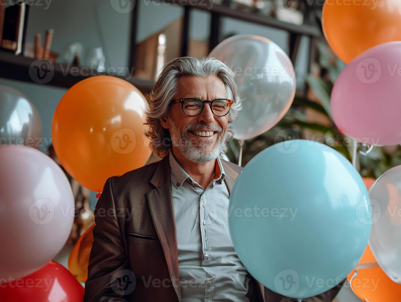 ai gerado alegre Senior homem dentro elegante vestuário com balões às nerds festa foto