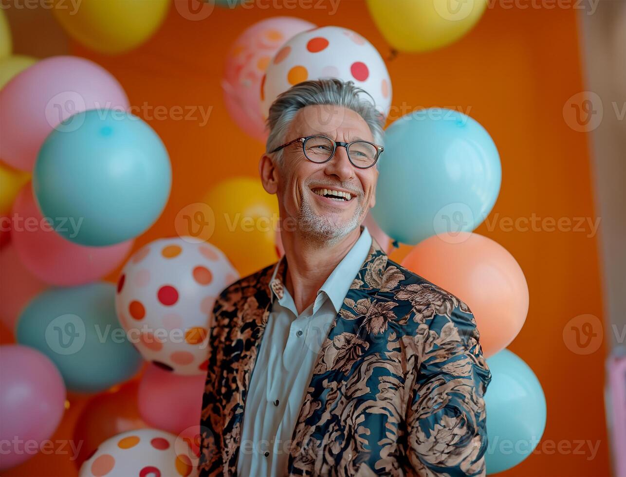 ai gerado alegre Senior homem dentro elegante vestuário com balões às nerds festa foto