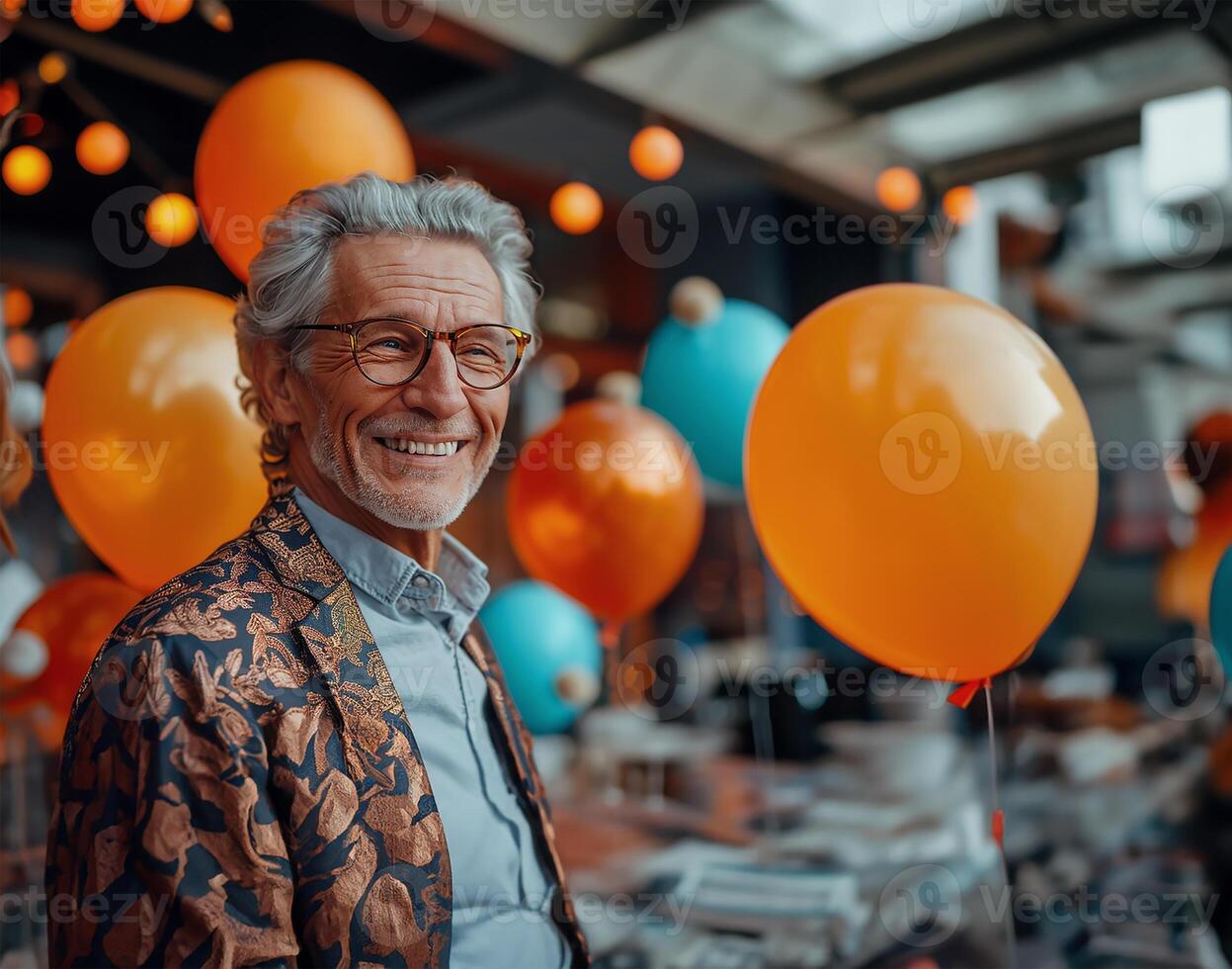 ai gerado alegre Senior homem dentro elegante vestuário com balões às nerds festa foto
