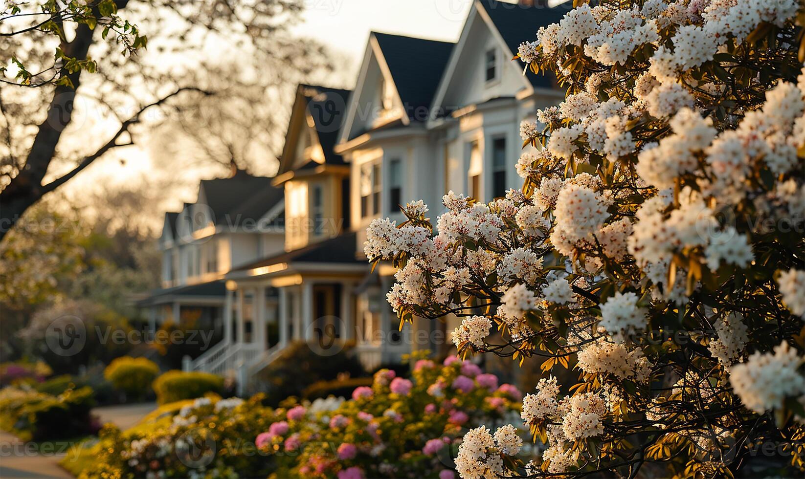 ai gerado casas com uma pano de fundo do Primavera floresce foto