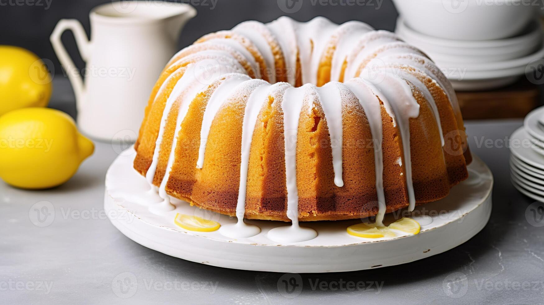 ai gerado limão bundt bolo com açúcar Esmalte em uma cinzento fundo foto