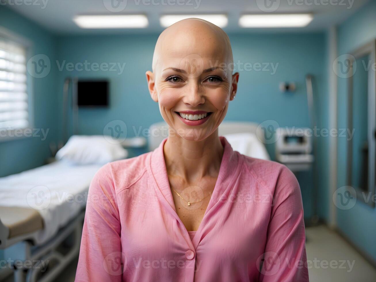 ai gerado lindo mulher com Câncer sorridente, vestido dentro rosa, dentro hospital sala, mundo Câncer dia foto