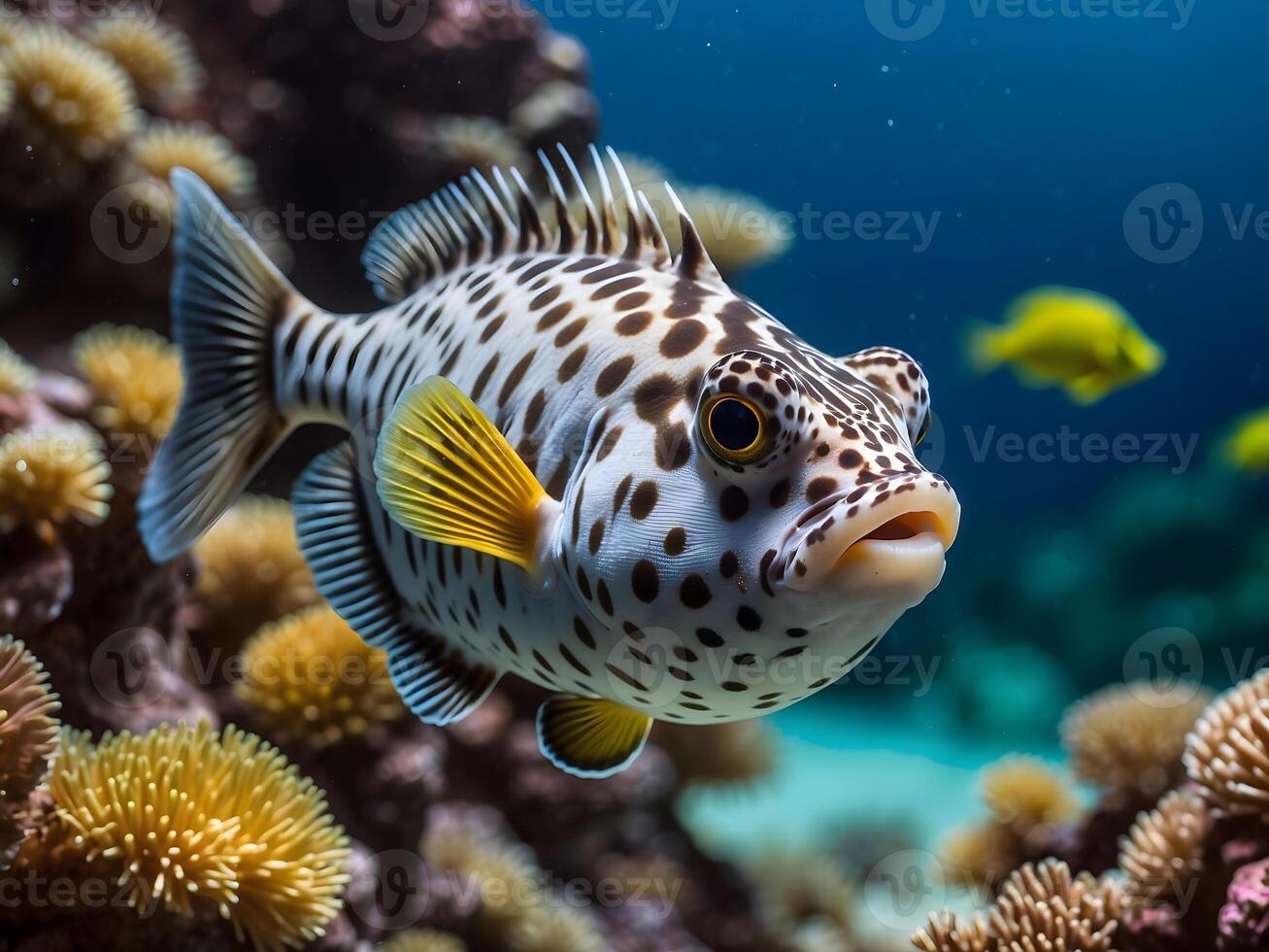 ai gerado fechar-se do lindo colorida peixe dentro a oceano, animal fundo, baiacu peixe, aquário foto