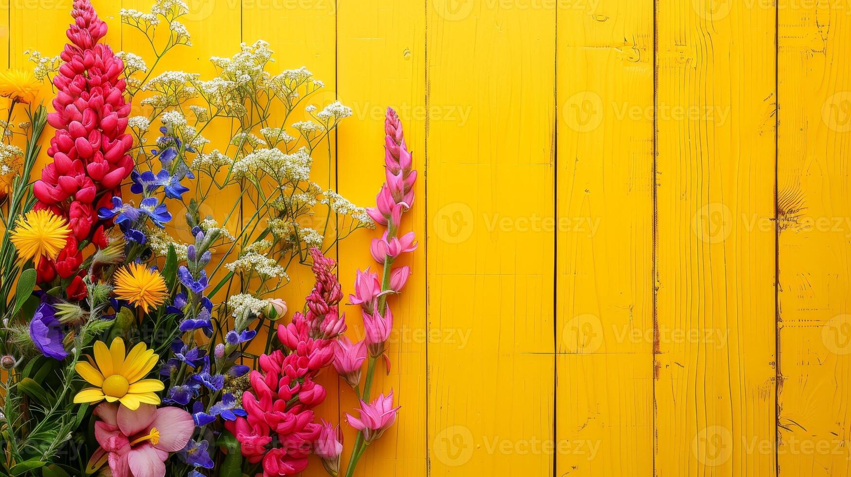 ai gerado colorida fresco Primavera flores em amarelo de madeira fundo, cópia de espaço foto