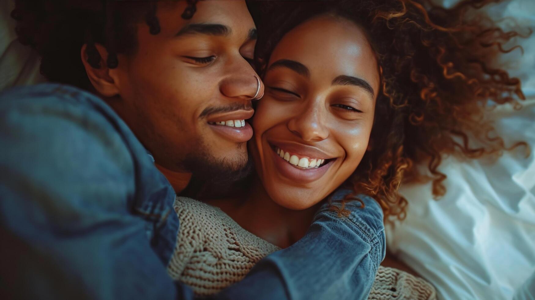 ai gerado Alto ângulo tiro do uma feliz jovem casal abraço juntos dentro cama foto