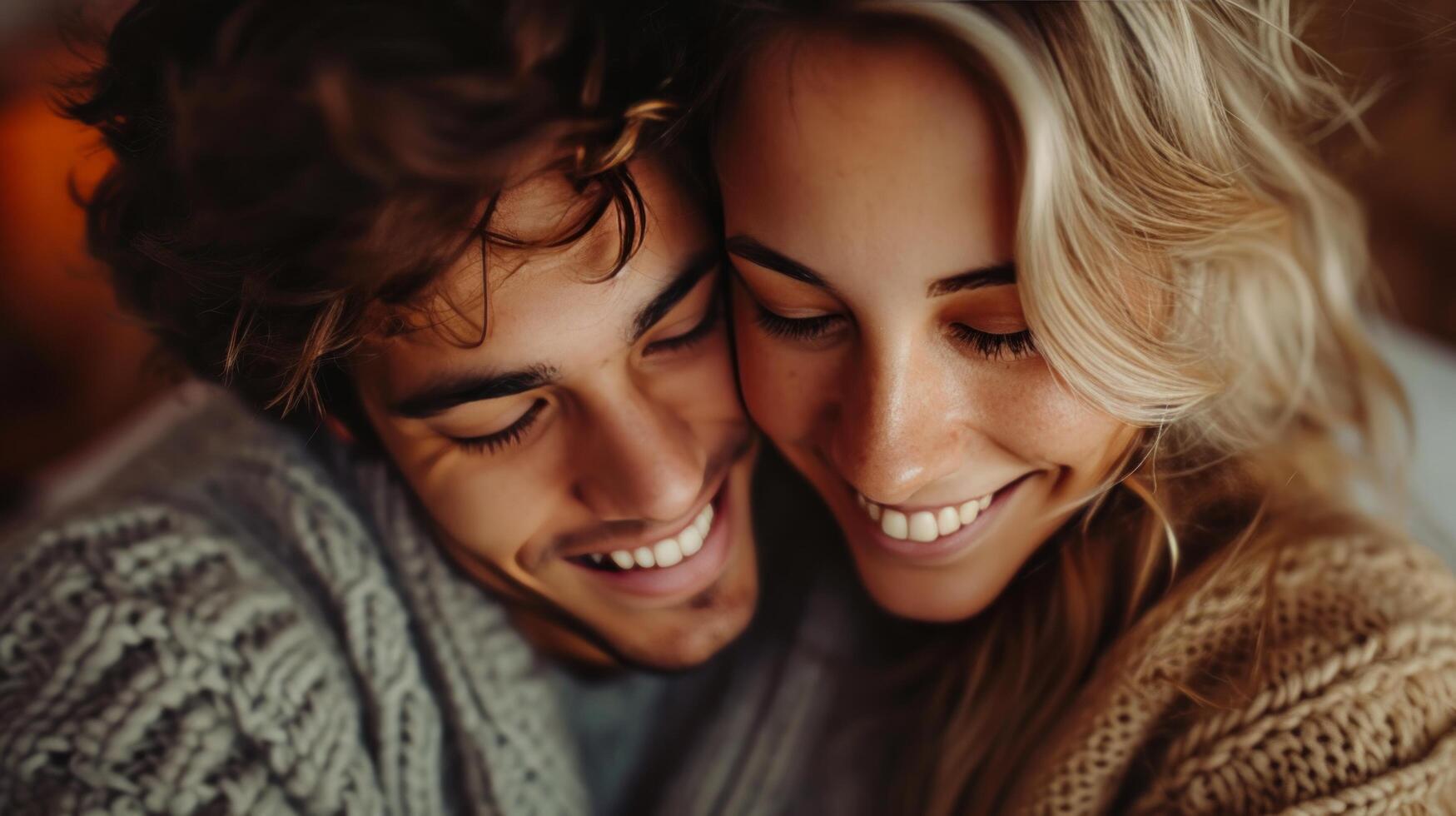 ai gerado Alto ângulo tiro do uma feliz jovem casal abraço juntos dentro cama foto