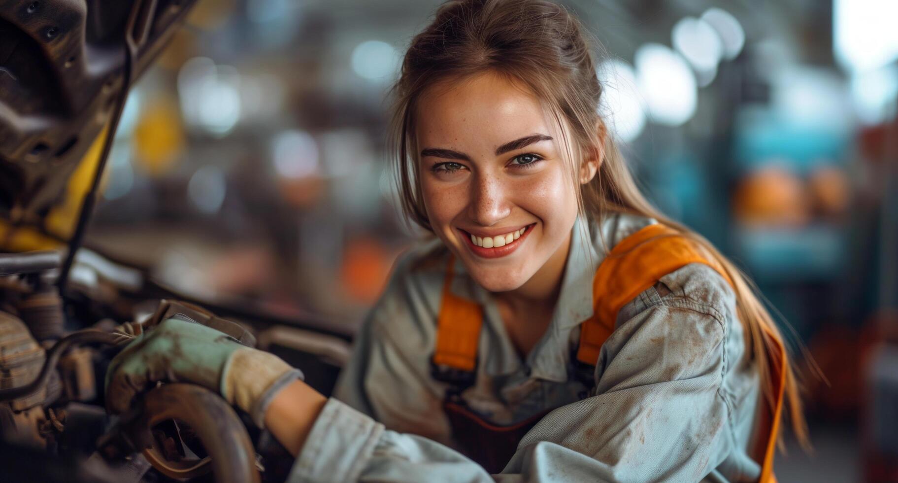 ai gerado fêmea mecânico sorridente enquanto trabalhando em uma carro foto