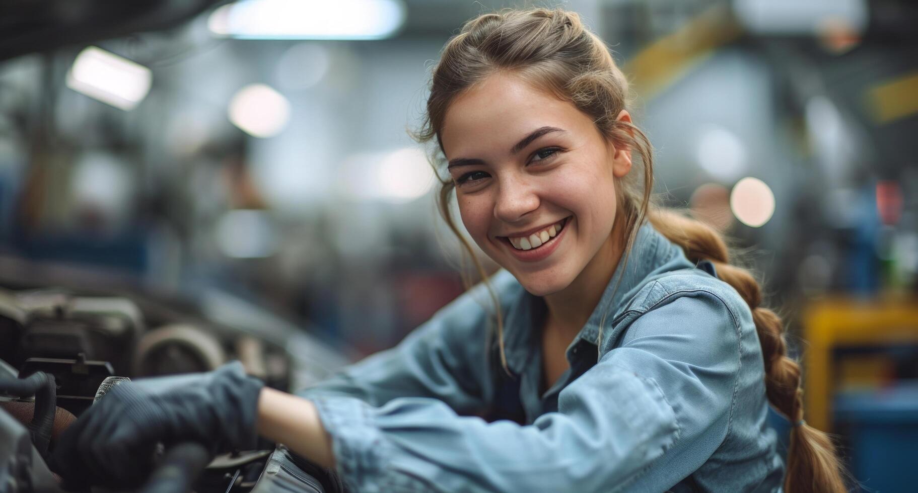 ai gerado fêmea mecânico sorridente enquanto trabalhando em uma carro foto