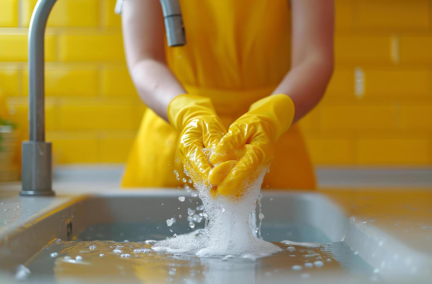 ai gerado mulher lavando acima com borracha luvas dentro cozinha Pia líquidos foto