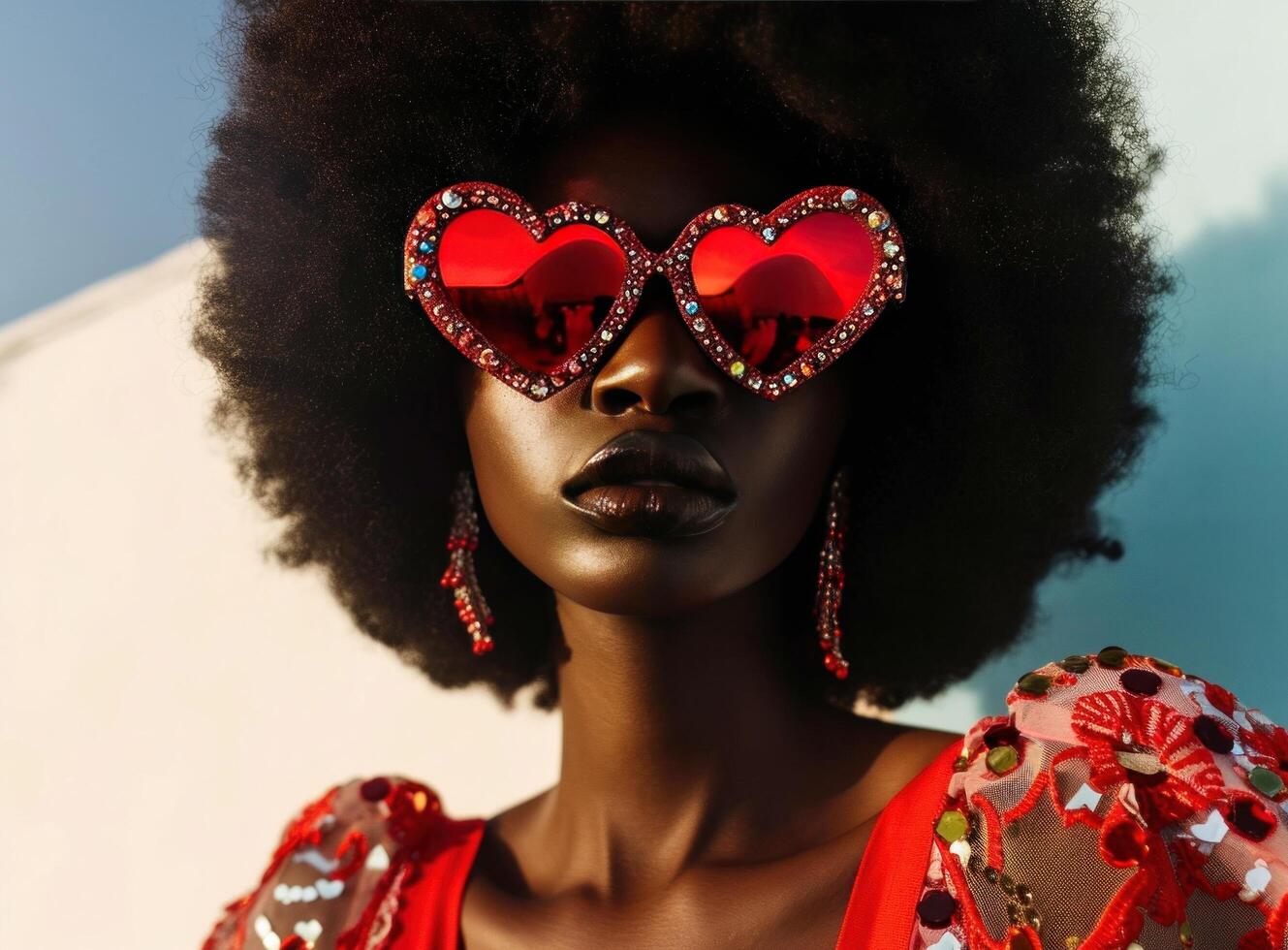 ai gerado Preto mulheres com grandes afros vestindo vermelho coração em forma oculos de sol foto