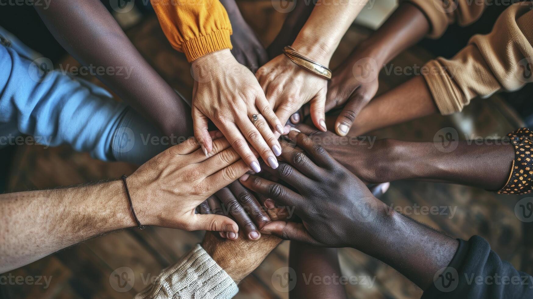 ai gerado uma diverso mãos chegando juntos dentro uma símbolo do unidade, enfatizando a importância do harmonia entre pessoas foto