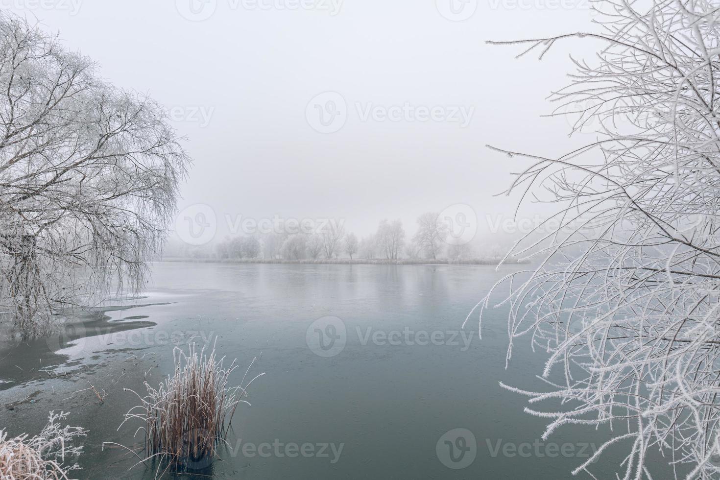 névoa panorâmica da manhã sobre o lago congelado. paisagem da natureza do inverno. luz do sol matinal com neblina e neblina, cenário natural sereno, geada, dia frio de inverno foto