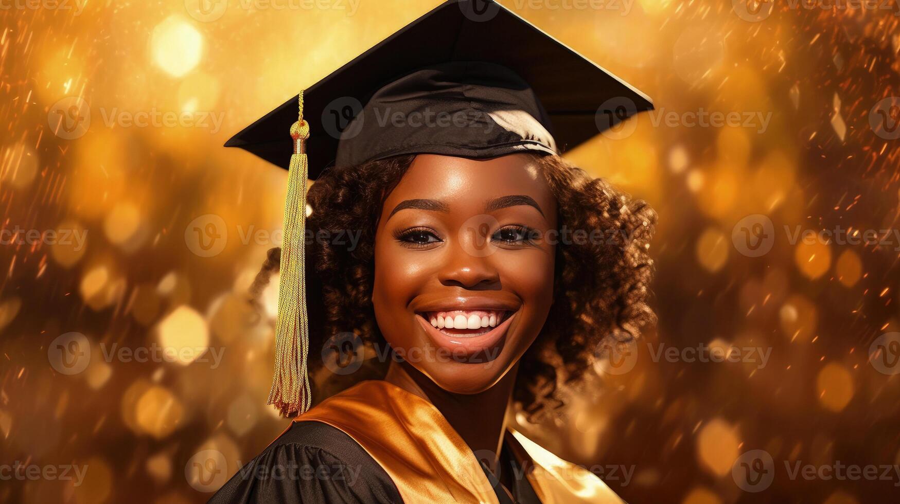 ai gerado feliz Preto menina vestindo graduação boné e vestido, sorridente jovem menina feixes com felicidade foto