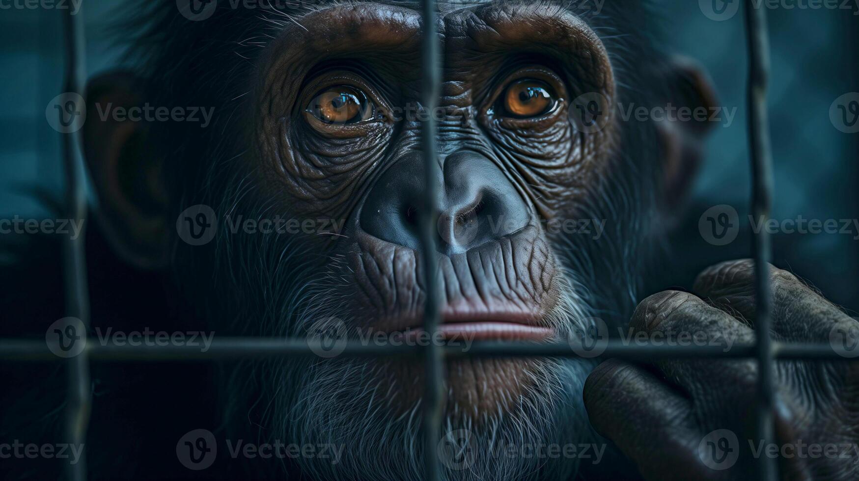ai gerado chimpanzé dentro jaula. conceito do guardando animais dentro cativeiro Onde elas sofrer. prisioneiro. foto