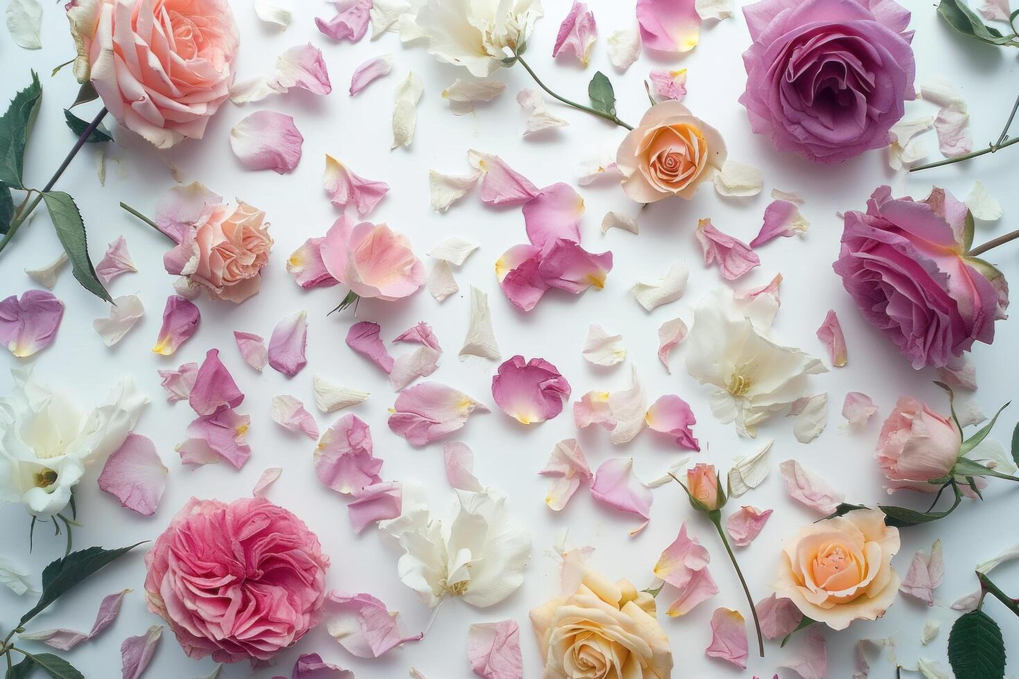 ai gerado uma ramalhete do flores espalhados em branco papel com folhas foto