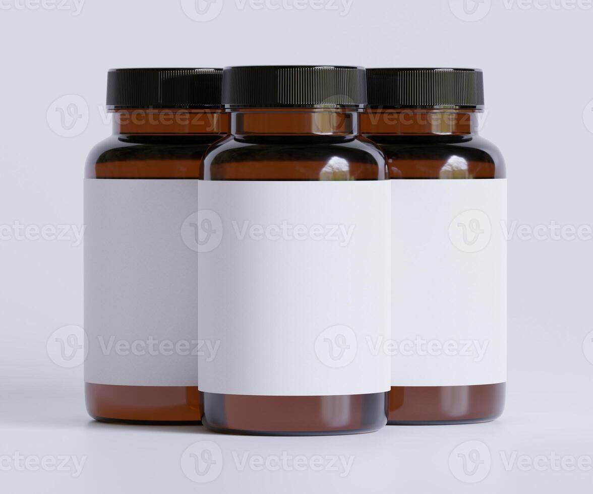 garrafa pílulas suplemento garrafa zombar acima. 1 garrafa. em branco rótulo. 3d ilustração. isolado em fundo foto
