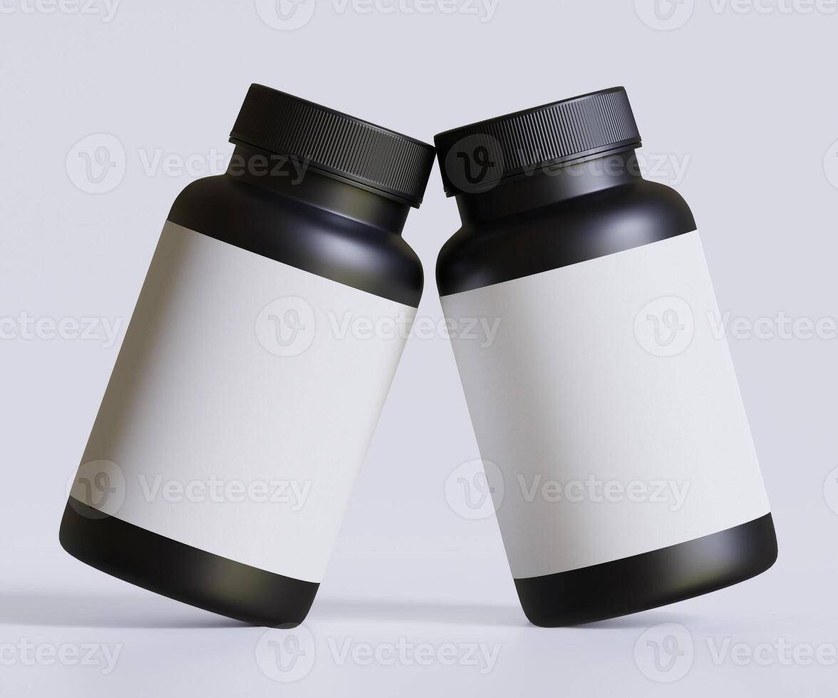 Preto comprimido garrafa branco rótulo para brincar coleção. ilustração 3d Renderização, perfeito para médico, Cosmético, proteína, farmacia produtos e etc foto