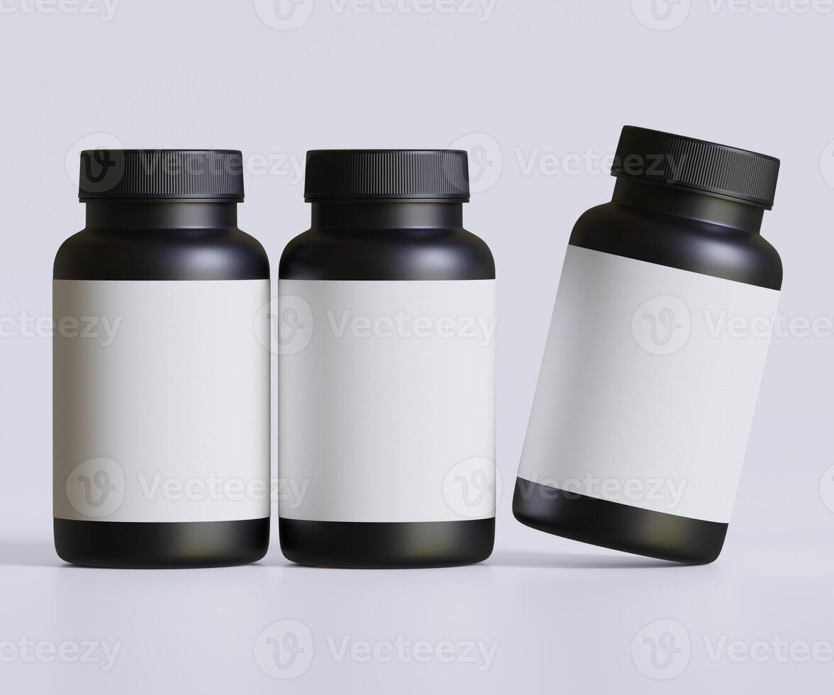 Preto comprimido garrafa branco rótulo para brincar coleção. ilustração 3d Renderização, perfeito para médico, Cosmético, proteína, farmacia produtos e etc foto