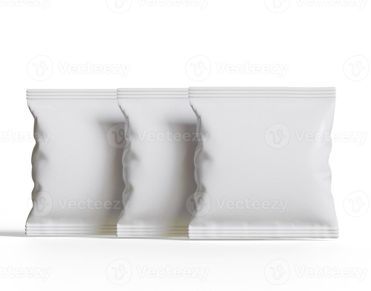 em branco plástico lanche saco brincar, branco batata salgadinhos recipiente, 3d Renderização isolado em branco fundo foto