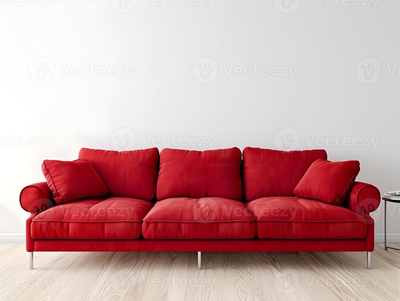 ai gerado moderno grande vermelho sofá para vivo quarto em uma limpar \ limpo brilhante branco parede fundo e de madeira chão. alta resolução. ai generativo foto