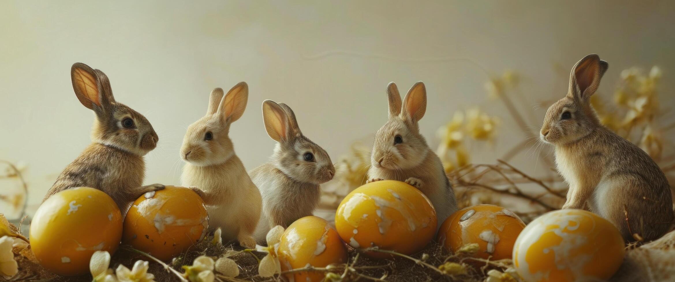 ai gerado uma grupo do coelhos sentar em topo do amarelo ovos foto