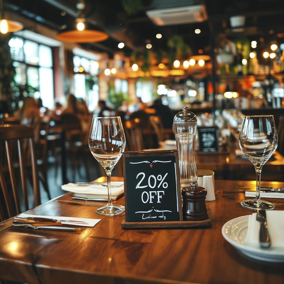 ai gerado placa com a texto 20 fora às a restaurante foto