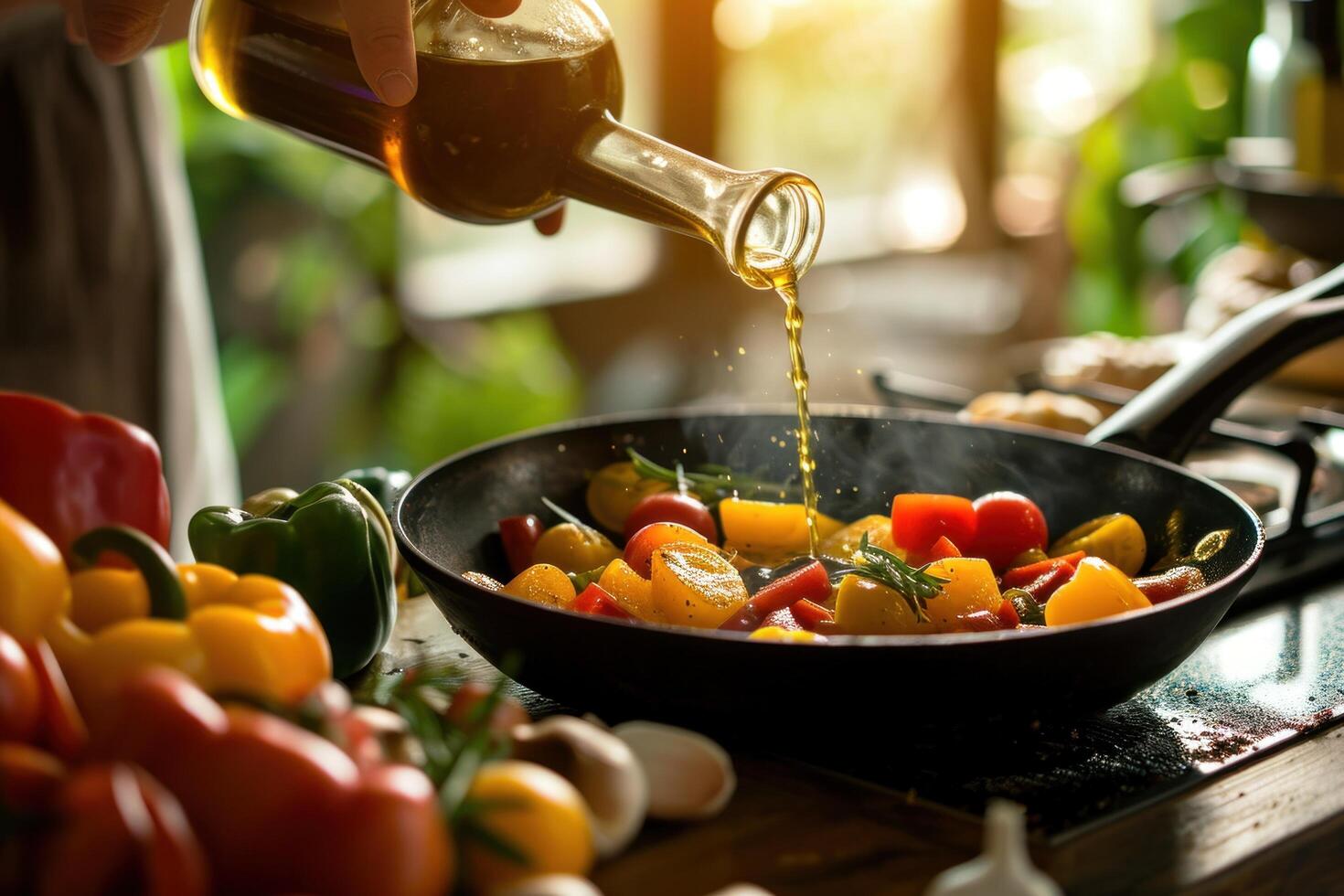 ai gerado uma pessoa derramando óleo para dentro uma frigideira com legumes e frutas foto