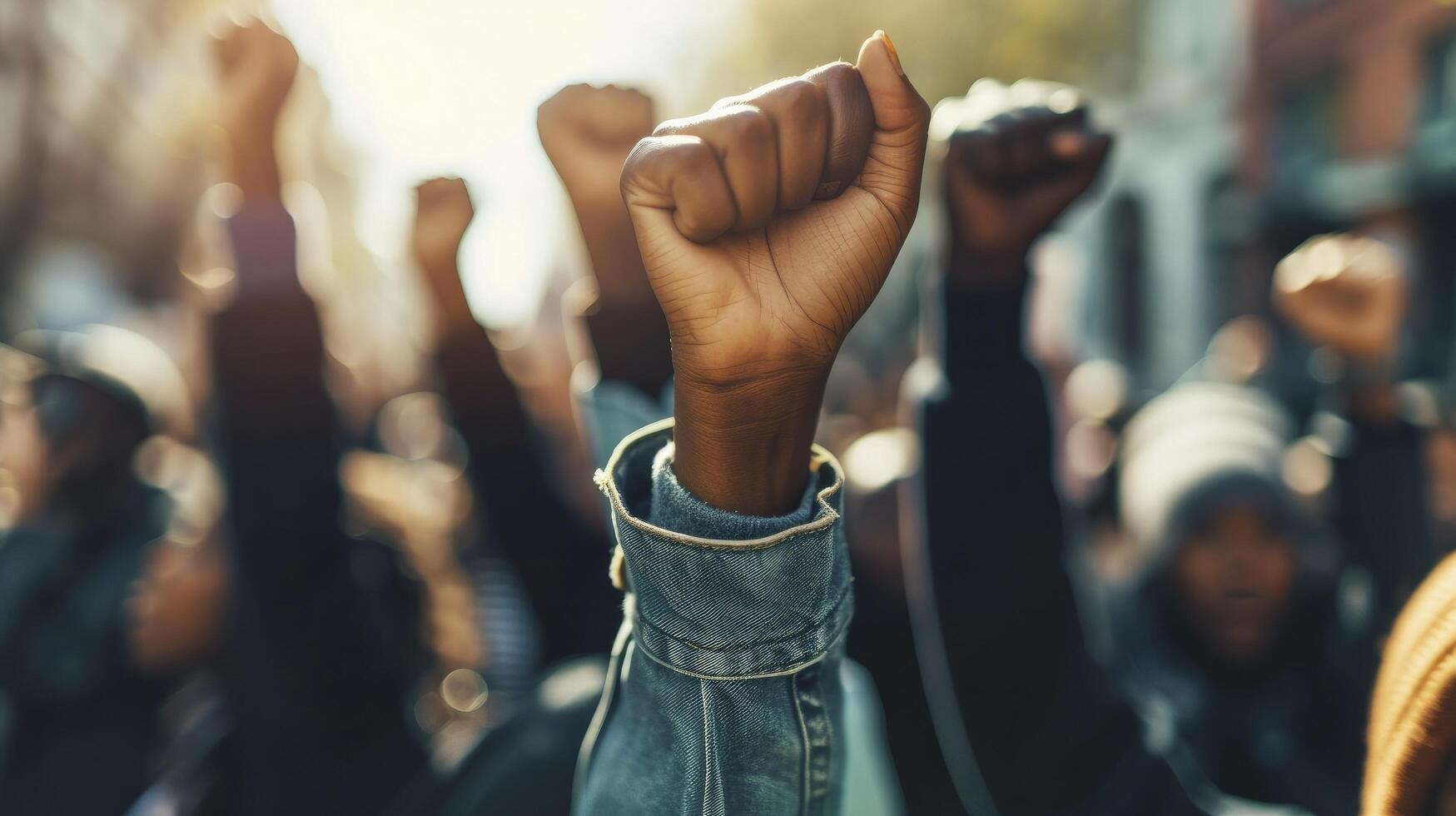 ai gerado multiétnico pessoas levantar seus punhos acima dentro a ar dentro uma protesto. foto