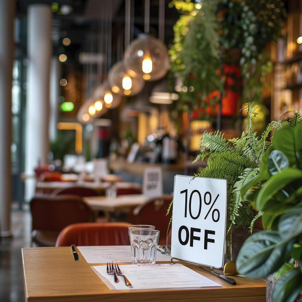 ai gerado placa com a texto 10 fora às a restaurante foto