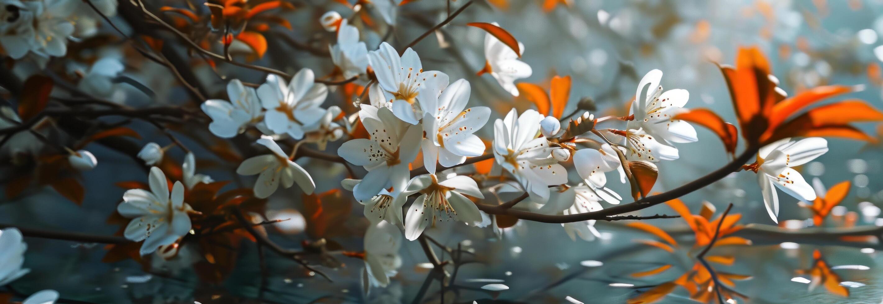 ai gerado a ilustração do uma branco cereja Flor parede suspensão foto