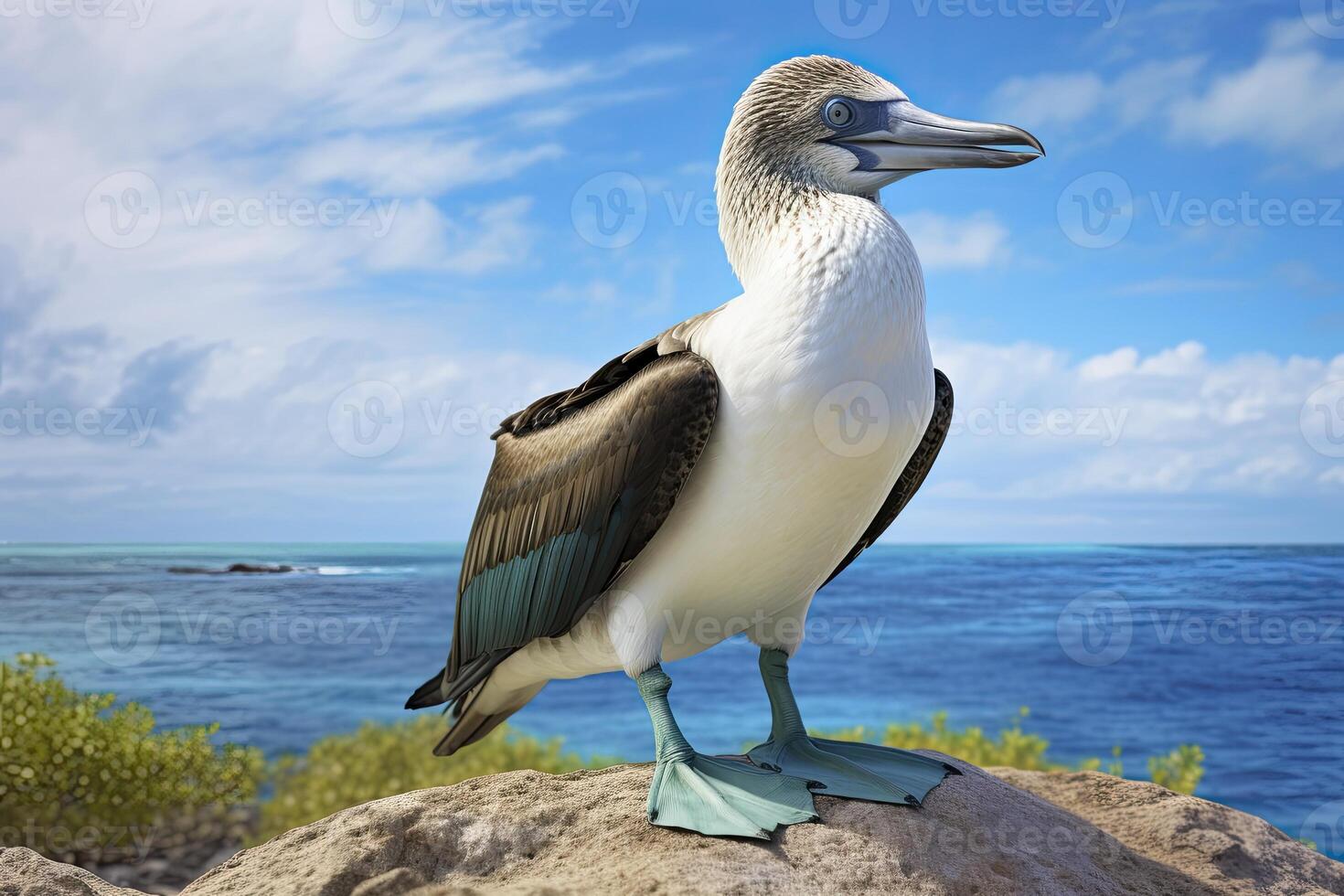 ai gerado a raro de pés azuis booby descansos em a de praia. ai gerado foto