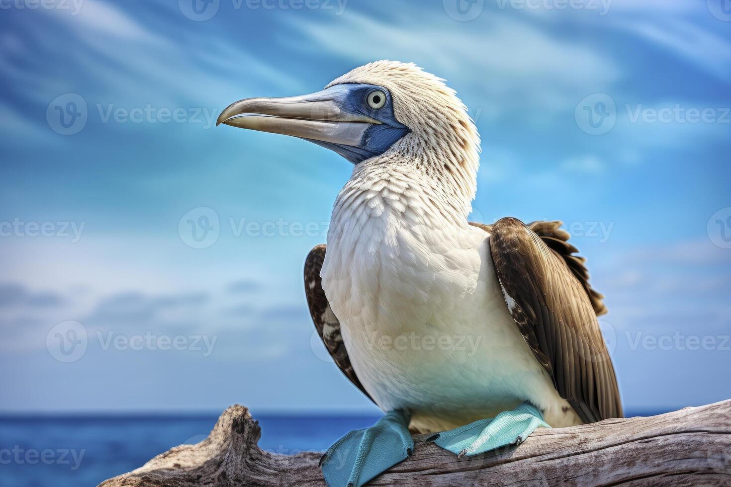 ai gerado a raro de pés azuis booby descansos em a de praia. ai gerado foto