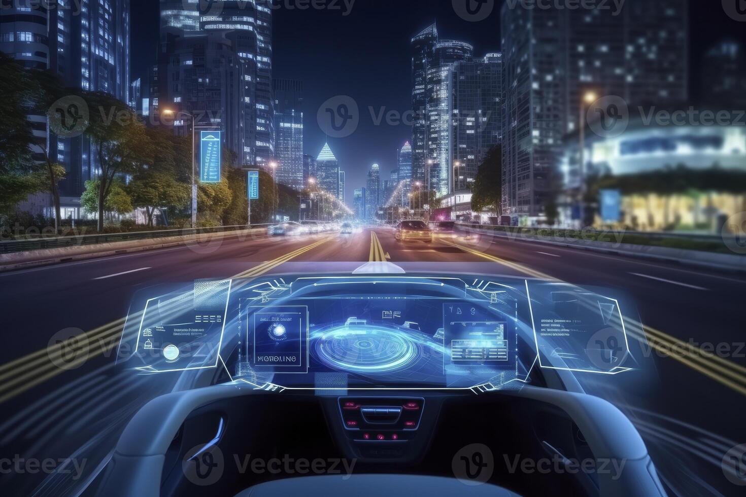 ai gerado moderno inteligente carro tecnologia inteligente sistema usando cabeças acima exibição hud Autônomo auto dirigindo modo veículo em cidade estrada com gráfico sensor radar sinal sistema inteligente carro. foto