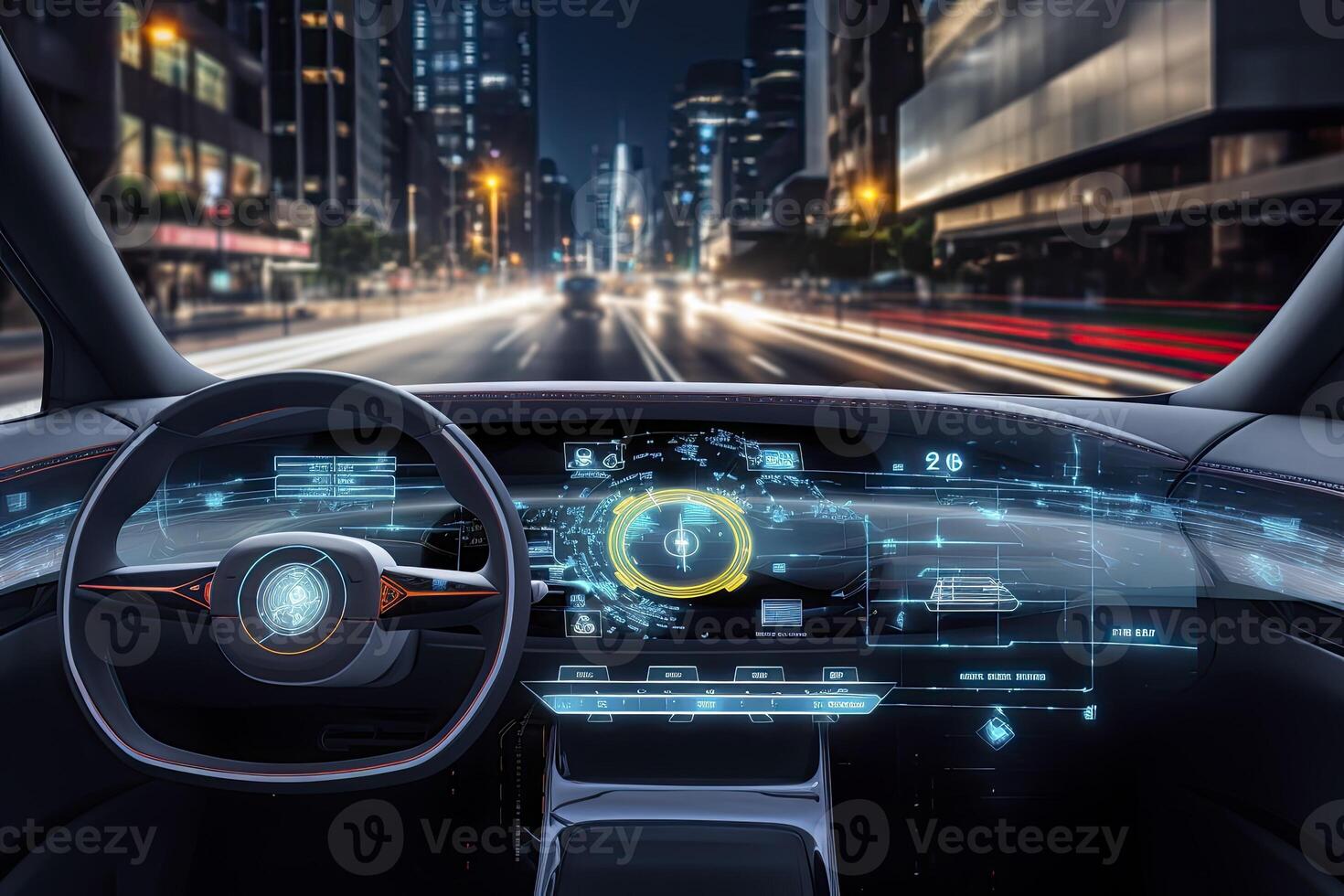 ai gerado moderno inteligente carro tecnologia inteligente sistema usando cabeças acima exibição hud Autônomo auto dirigindo modo veículo em cidade estrada com gráfico sensor radar sinal sistema inteligente carro. foto