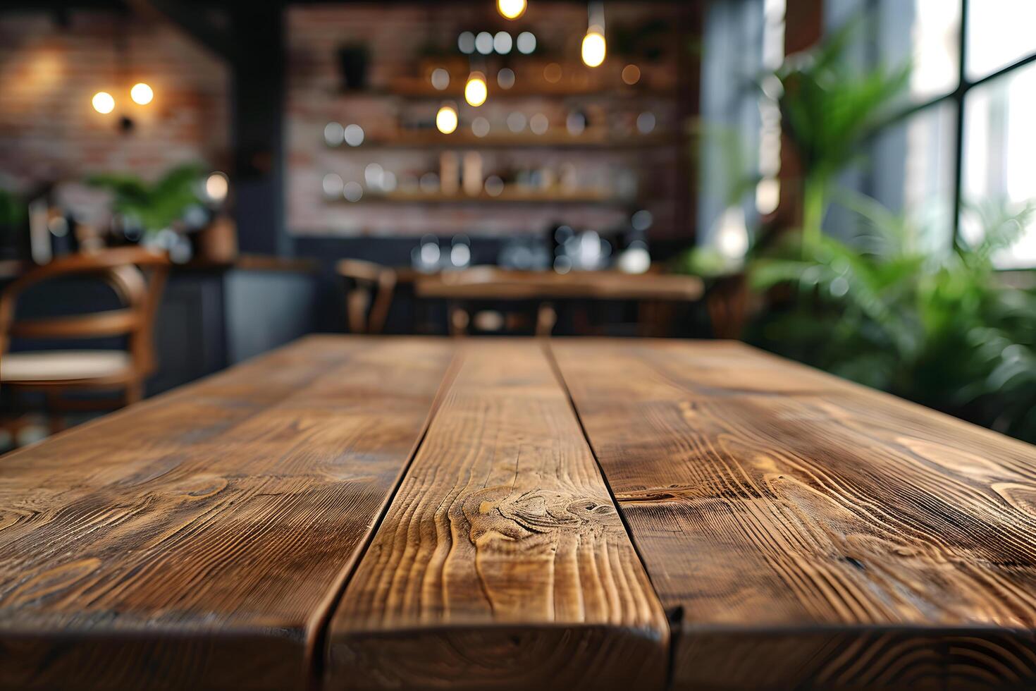 ai gerado de madeira mesa com borrão cafeteria decoração fundo foto