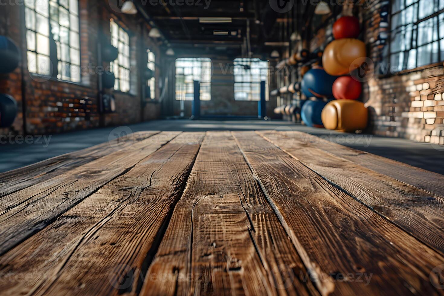 ai gerado esvaziar de madeira de mesa com embaçado boxe Academia interior fundo, ginástica foco foto