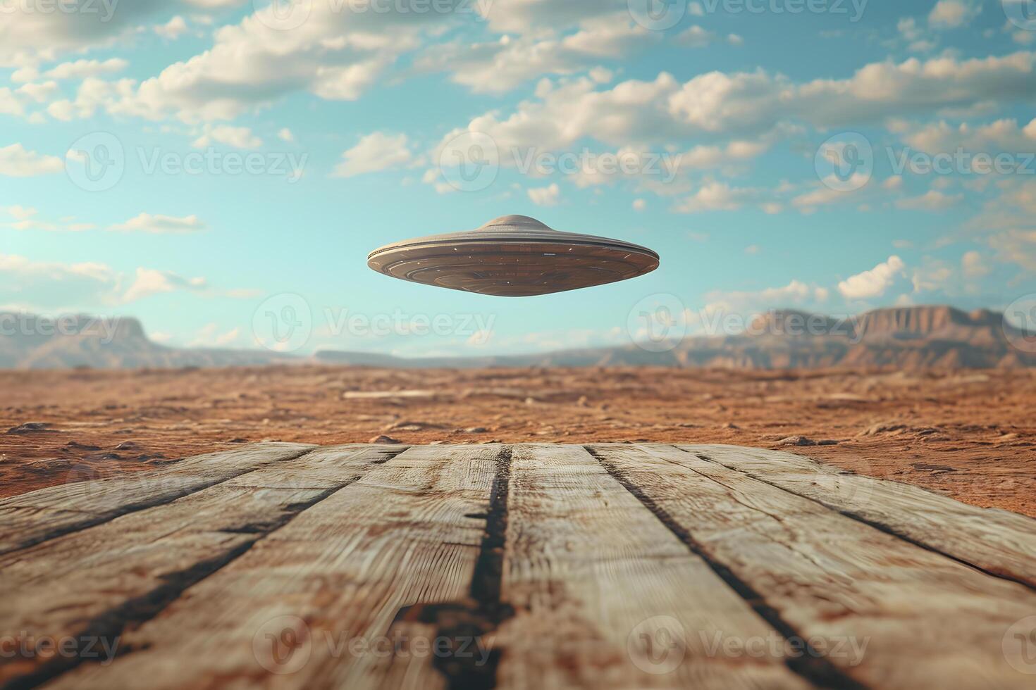 ai gerado de madeira de mesa primeiro plano, fundo do embaçado UFO extraterrestre construir foto