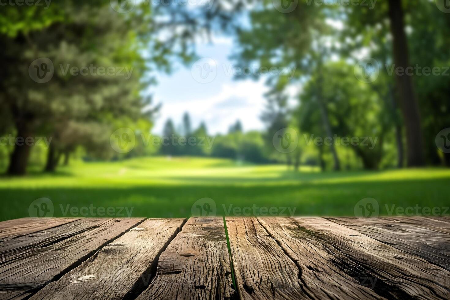 ai gerado de madeira prancha chão primeiro plano, borrado golfe curso cena fundo foto