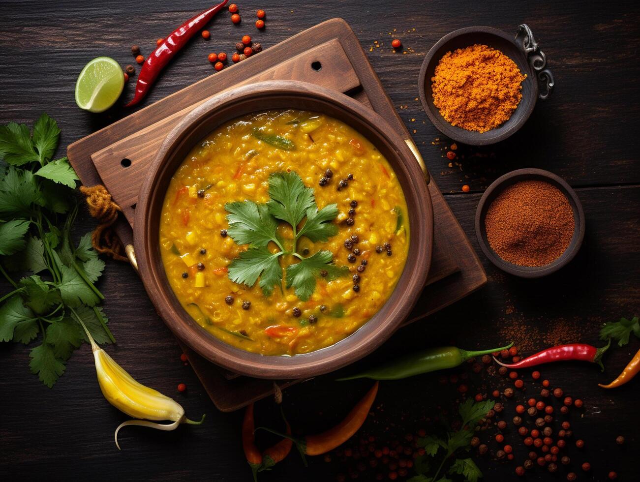 ai gerado tradicional indiano sopa lentilhas. indiano dhal picante Curry dentro tigela, especiarias, ervas, rústico Preto de madeira mesa foto