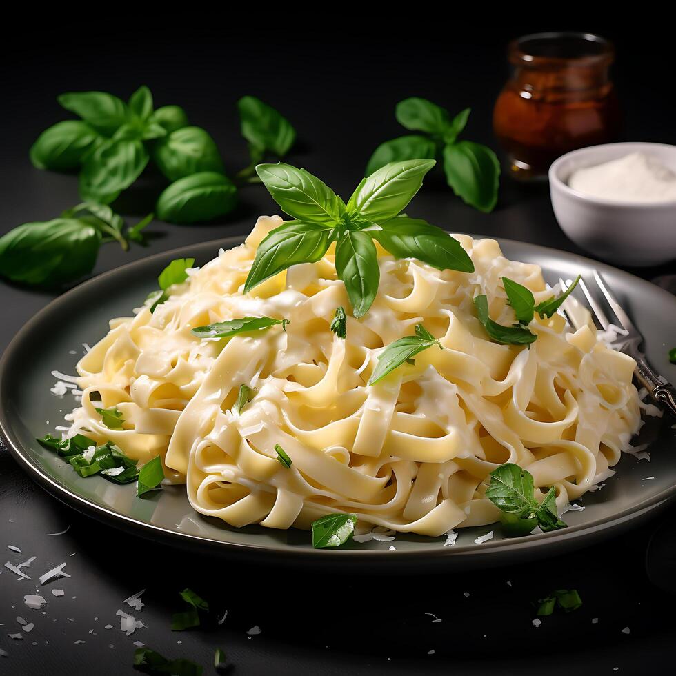 ai gerado topo Visão fettucina com Alfredo molho em branco fundo foto