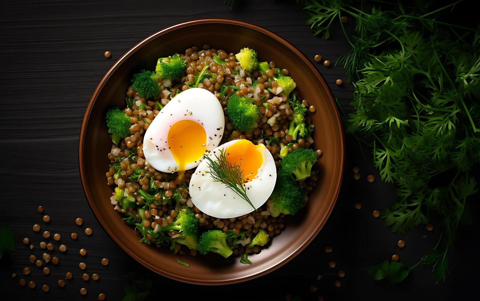 ai gerado Escovar ou almoço prato com aveia frango Rolo de carne pepino e verde ervas saúde Comida topo Visão a sobrecarga foto