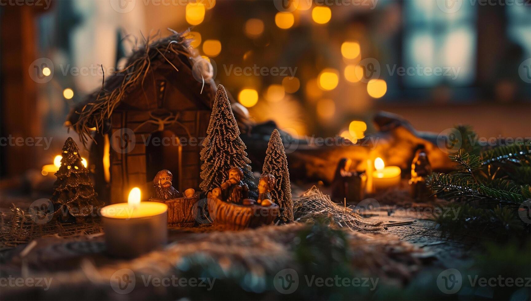 ai gerado Natal natividade cena com piedosos família e Natal árvore em fundo foto